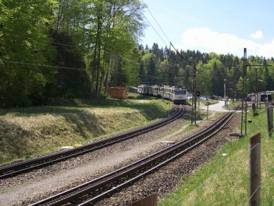 Bayrische Zugspitzbahn
Triebwagen 10 und 11 kommen vom Zugspitzplatt bei der Einfahrt in den Bahnhof Grainau
